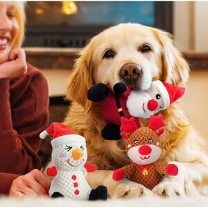 Christmas Plush Dog Squeaky Toys 3 Pack Santa Snowman & Reindeer New